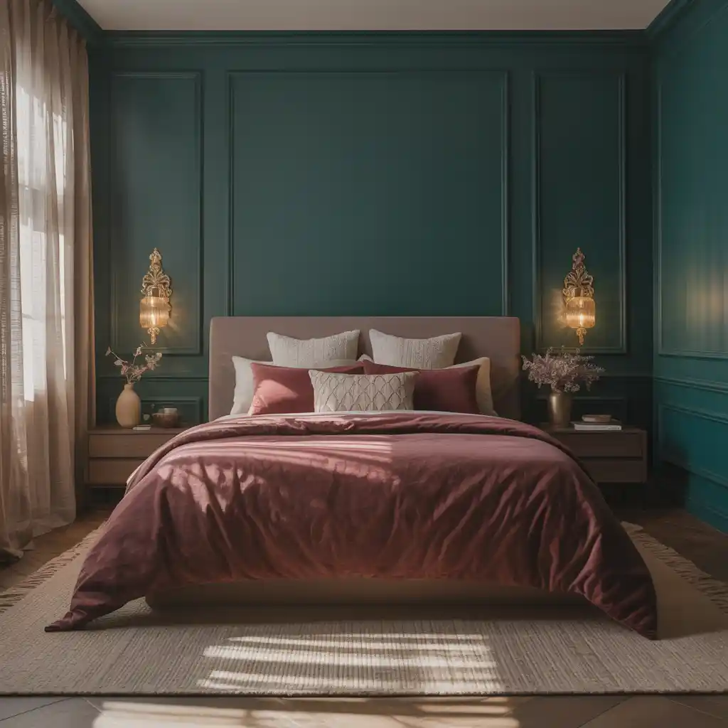 Emerald Green Walls with Burgundy Velvet Bedding