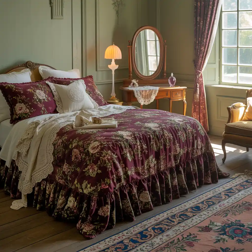 Vintage Inspired Green and Burgundy Bedroom