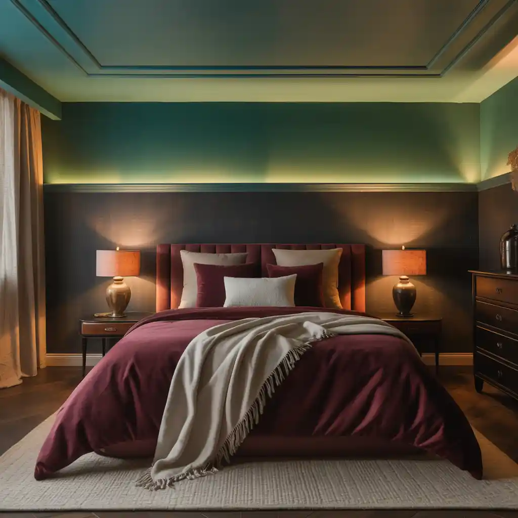 Moody Bedroom with Deep Green Ceiling