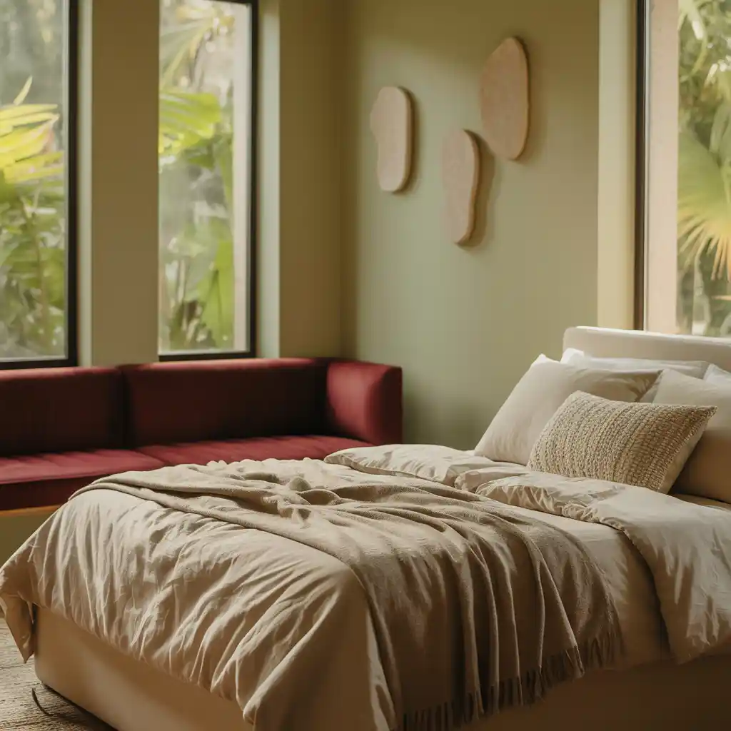 Soft Green Bedroom with Burgundy Bench Seating