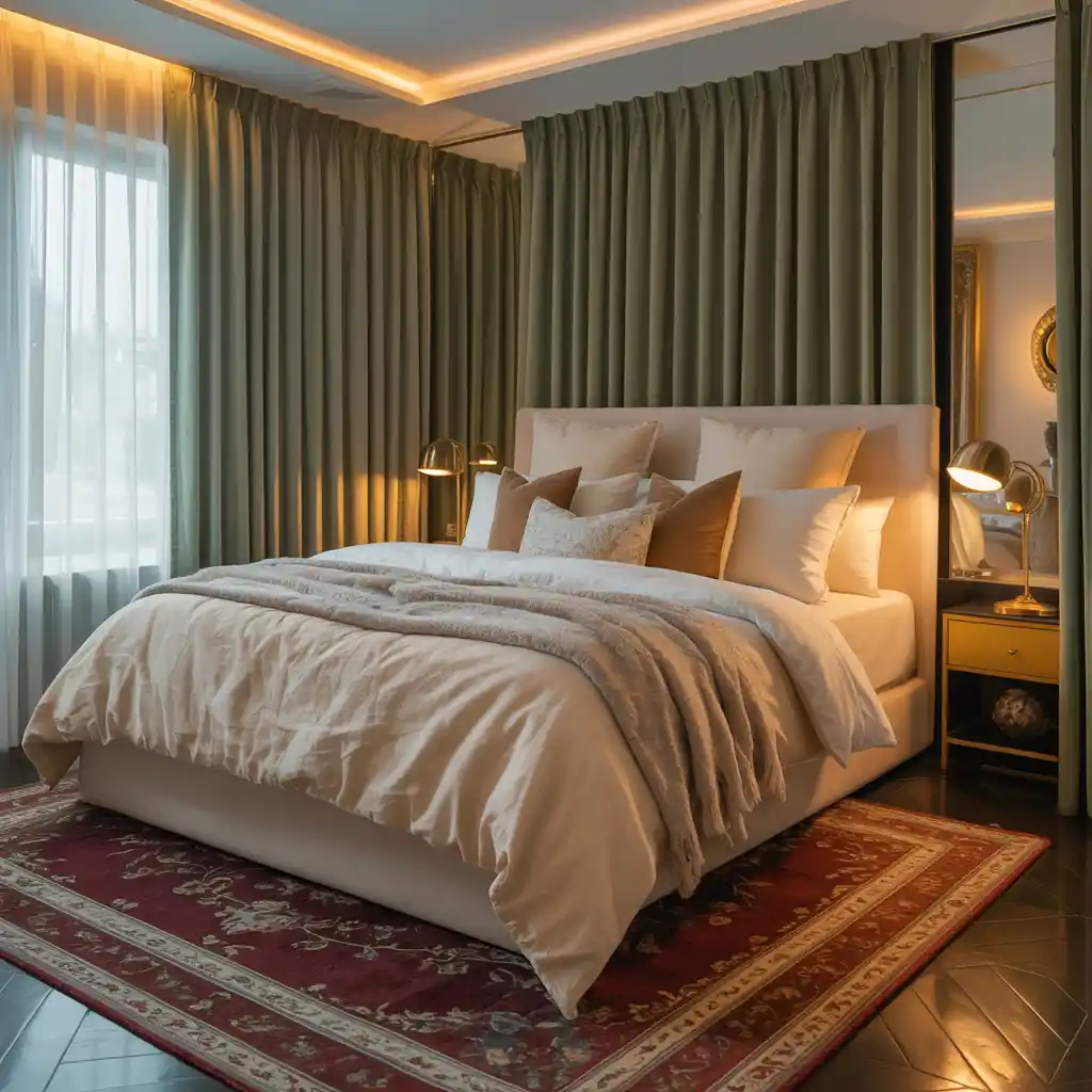 Green Velvet Curtains with Burgundy Rugs