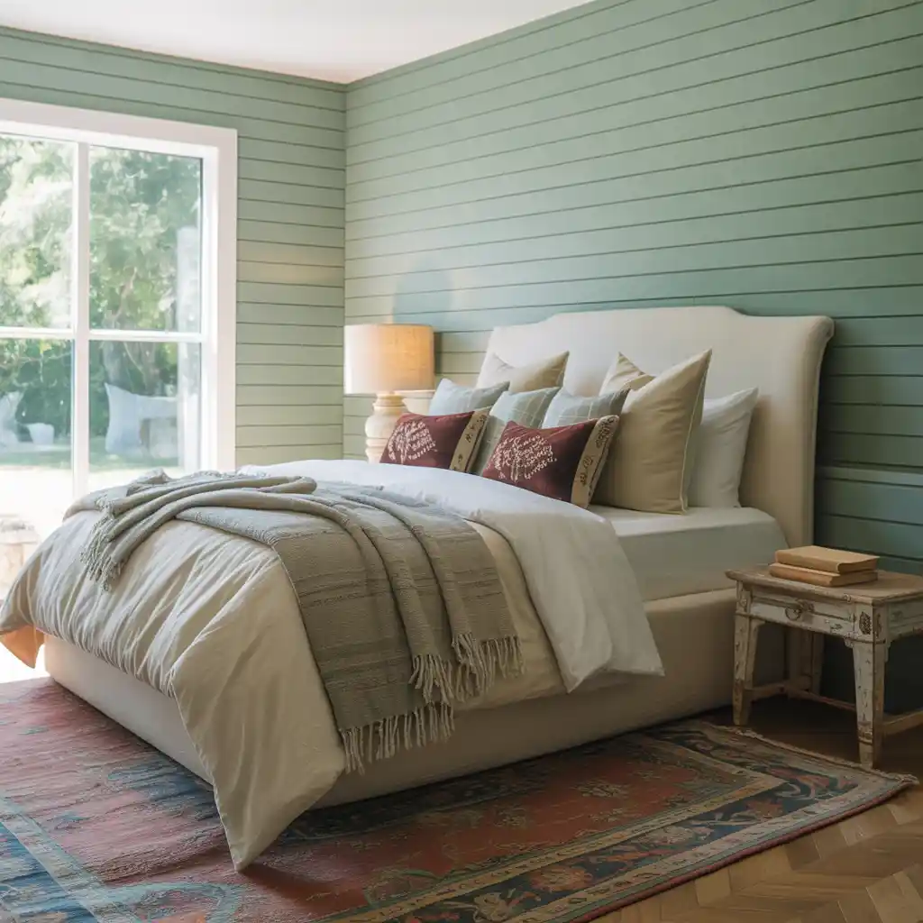 Green Shiplap Walls with Burgundy Decor