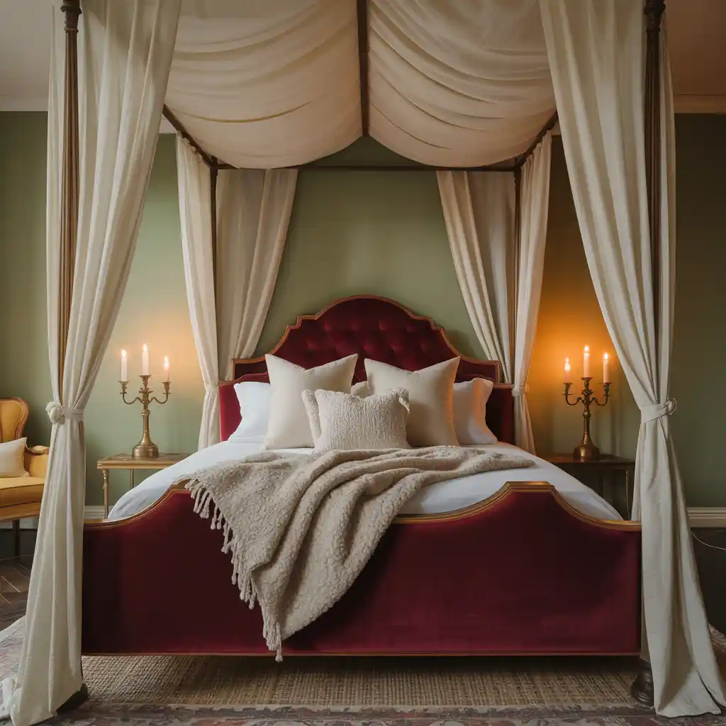 Romantic Bedroom with Burgundy Canopy Bed