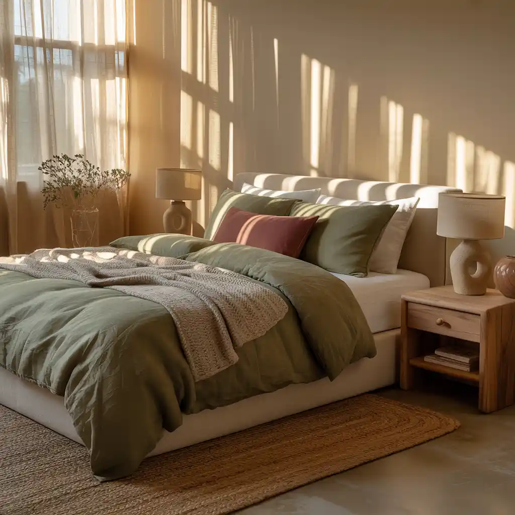 Earth Tone Bedroom with Olive and Wine Colors