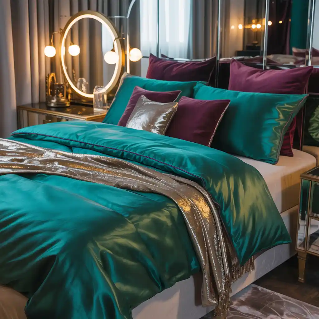 Glam Bedroom with Green and Burgundy Metallic Accents