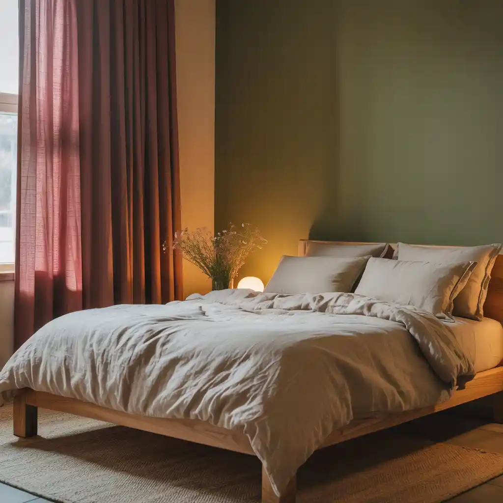 Olive Green Accent Wall with Burgundy Curtains