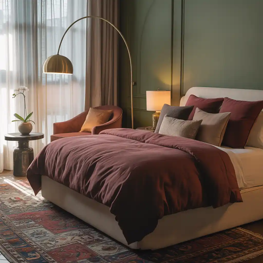 Cozy Hotel Style Green and Burgundy Bedroom