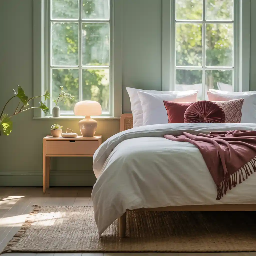 Sage Green Bedroom with Burgundy Throw Pillows