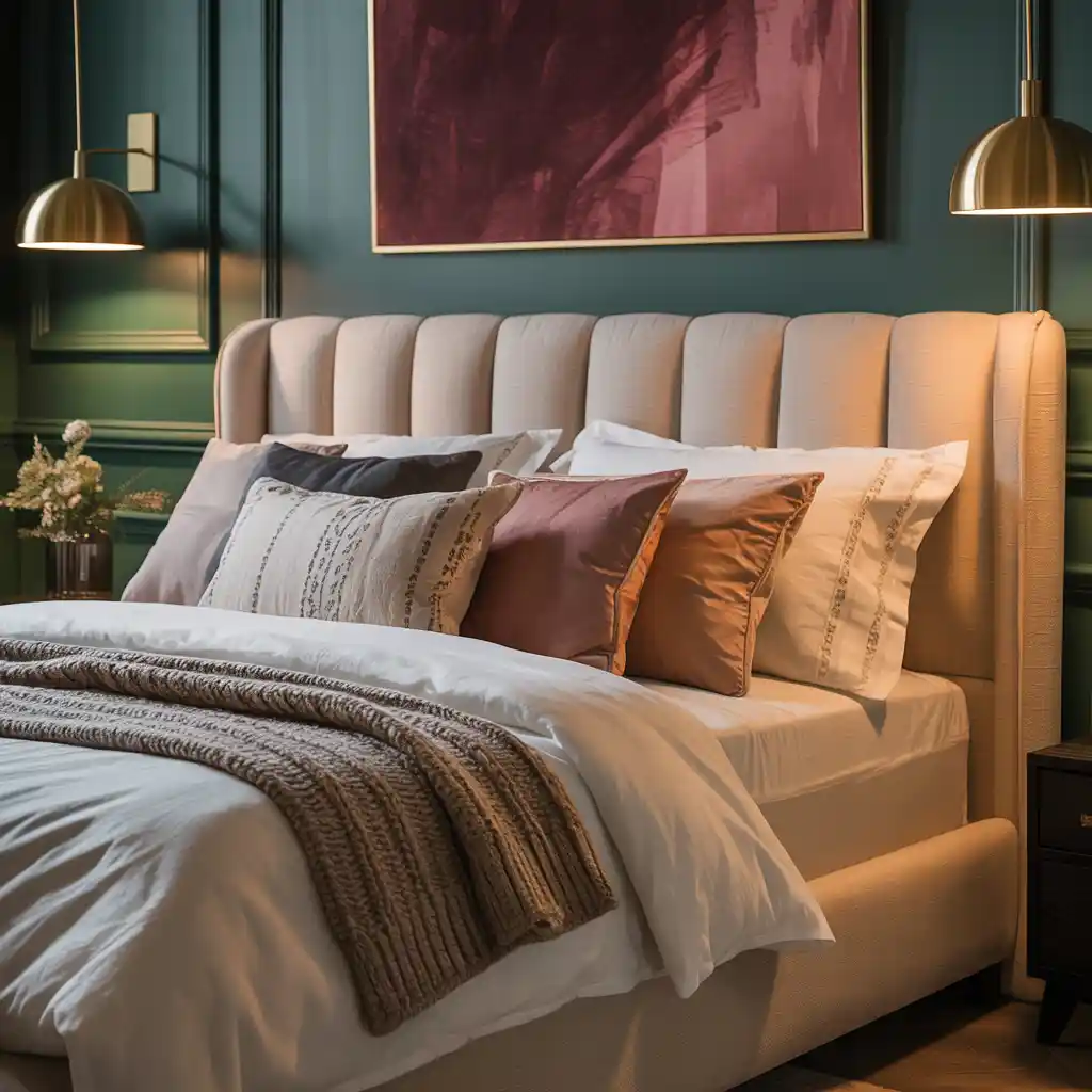 Sage Green Bedroom with Burgundy Throw Pillows