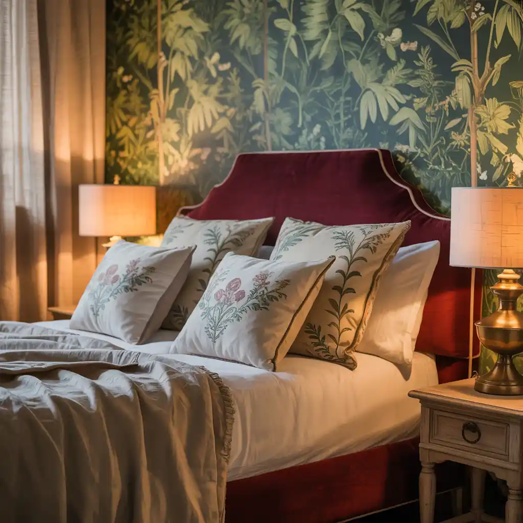  Green Botanical Wallpaper with Burgundy Bedding