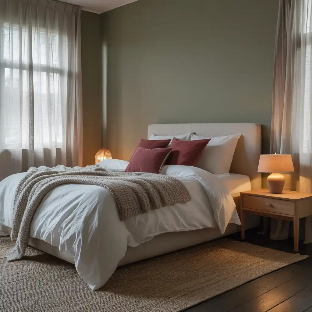 Minimalist Green and Burgundy Bedroom