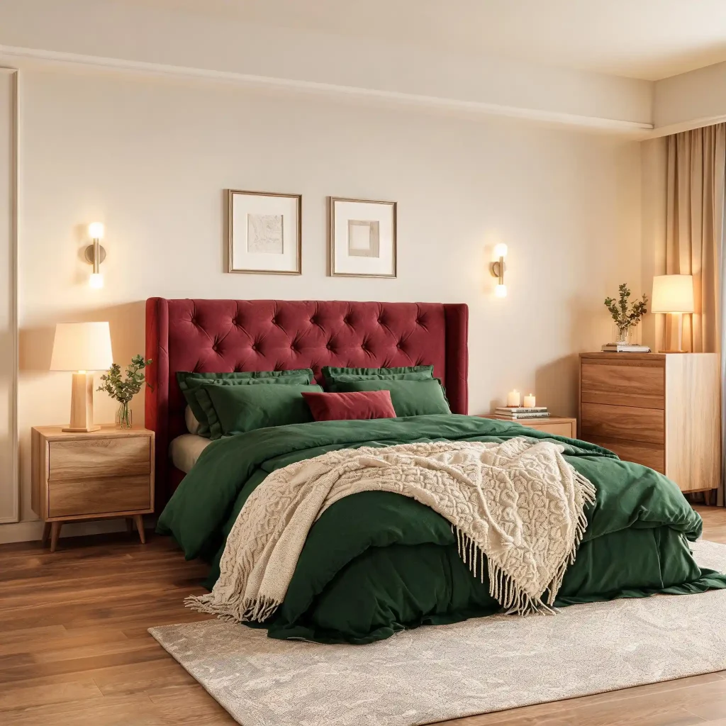 Burgundy Headboard with Forest Green Bedding
