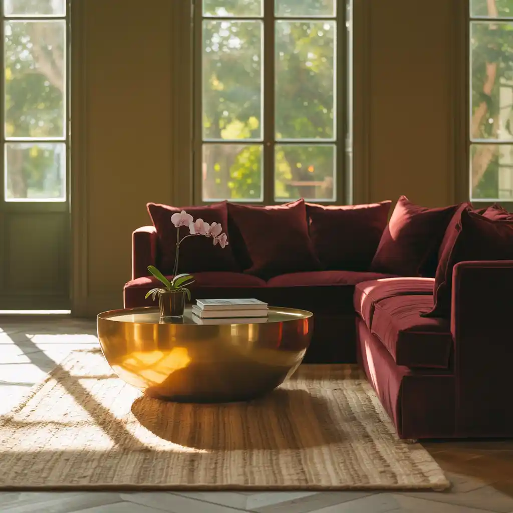 Olive Green Walls with a Burgundy Velvet Sofa