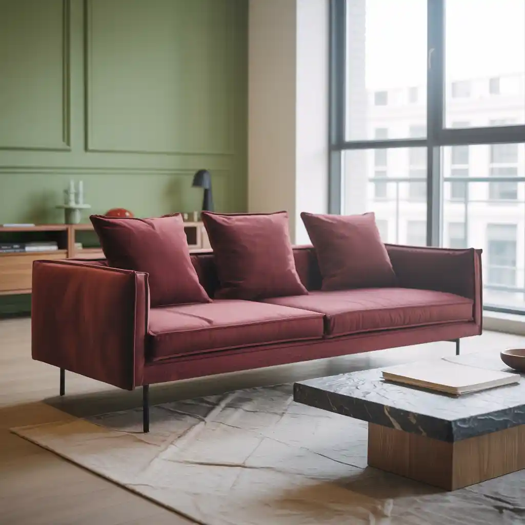  Modern Green and Maroon Living Room with Minimal Decor