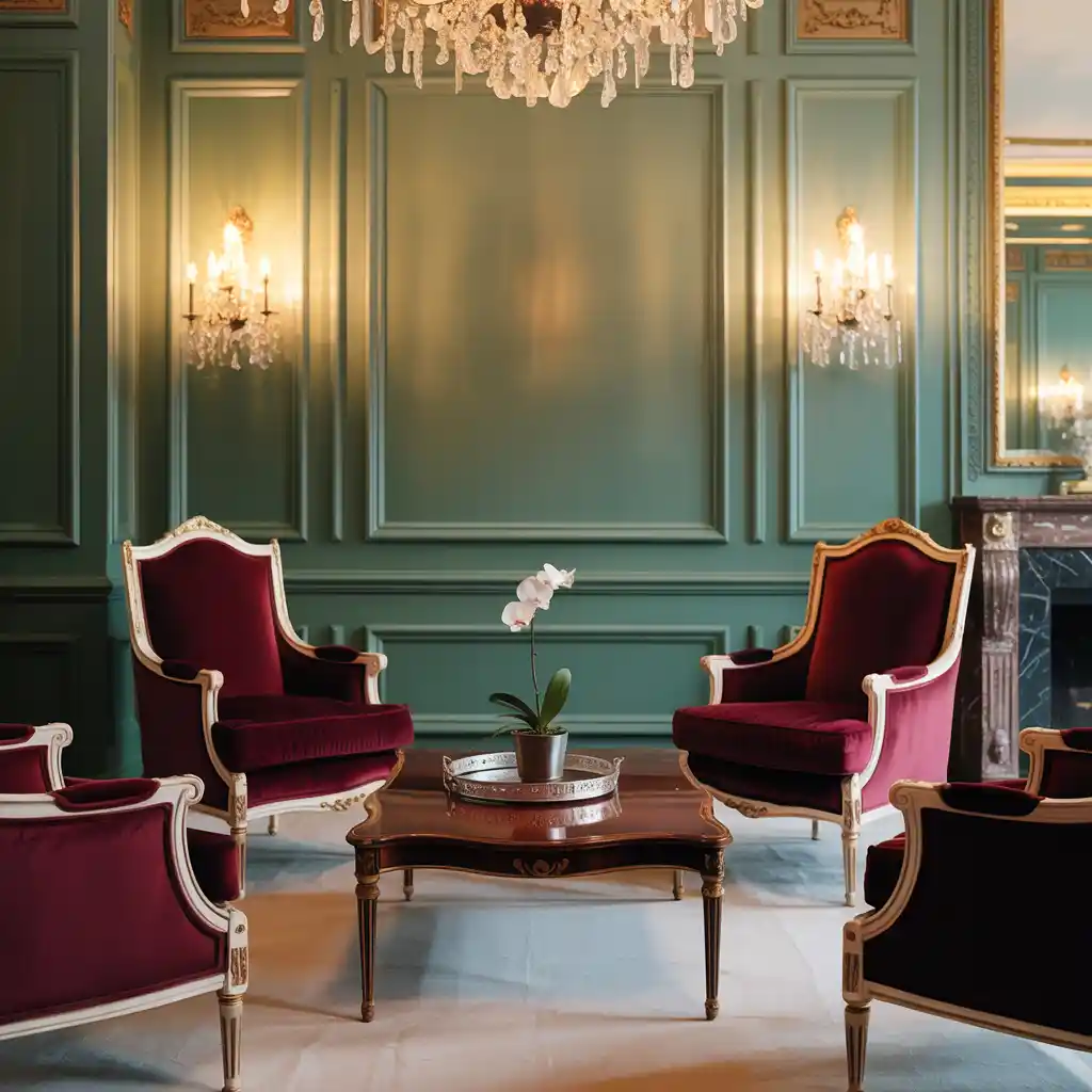 Green Paneled Walls with Burgundy Velvet Accents