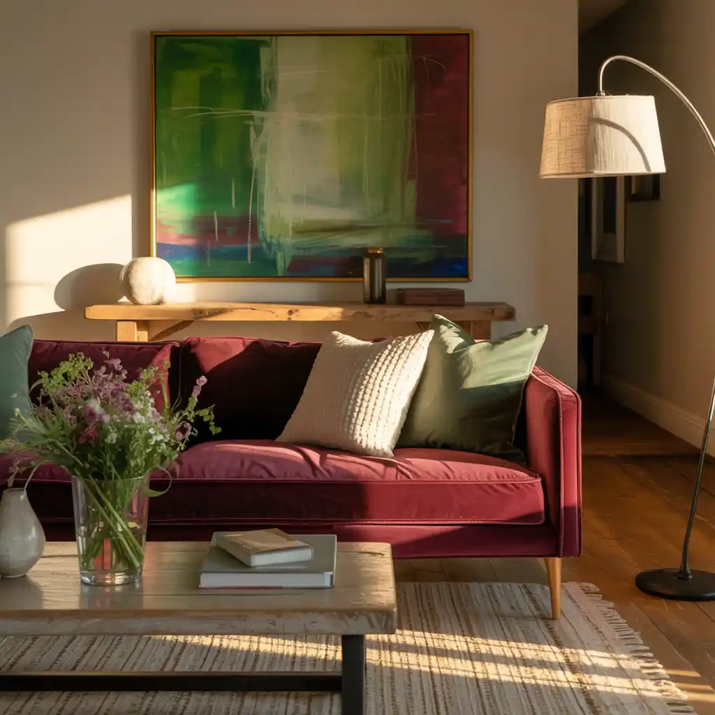 Burgundy and Green Living Room with Natural Wood