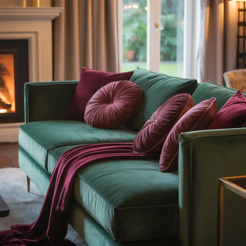 Forest Green Sofa with Burgundy Layered Textiles