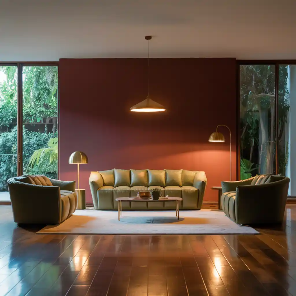 Burgundy Accent Wall with Olive Green Furniture