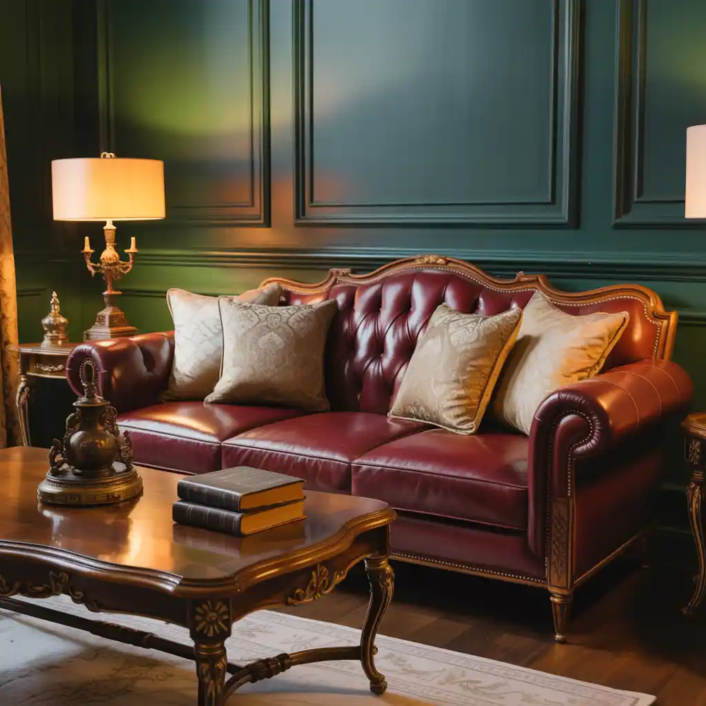 Dark Green Living Room with Burgundy Leather Furniture