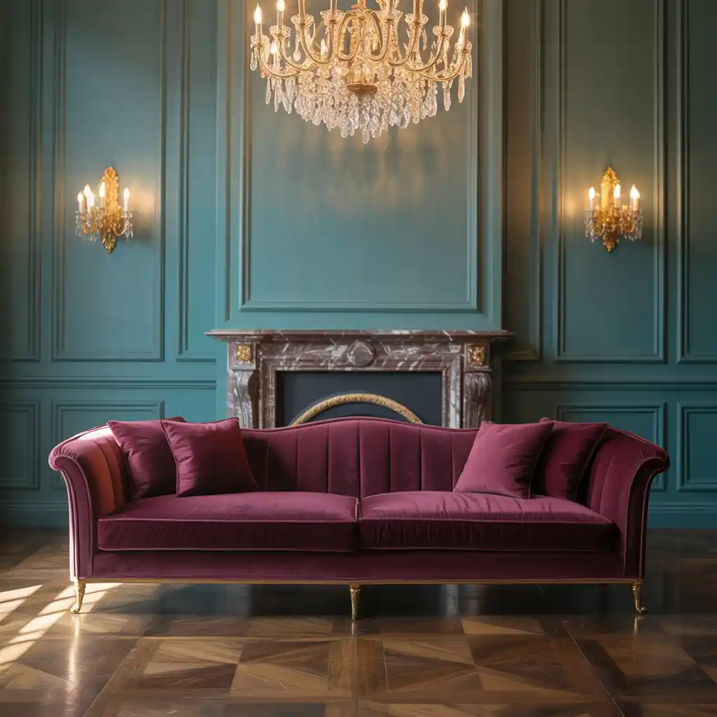 Contemporary Burgundy Living Room with Green Marble Details