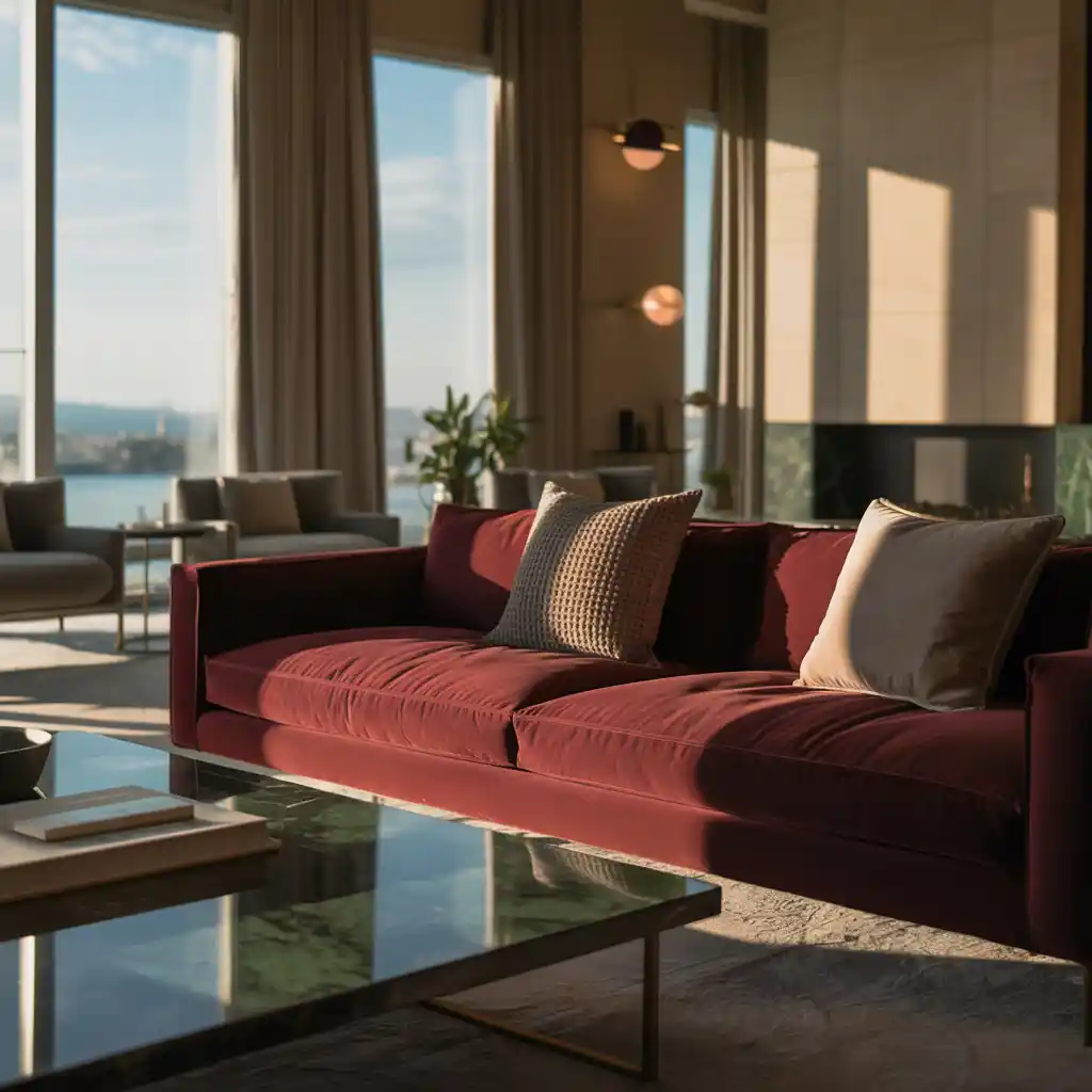 Green and Burgundy Living Room with Botanical Wallpaper