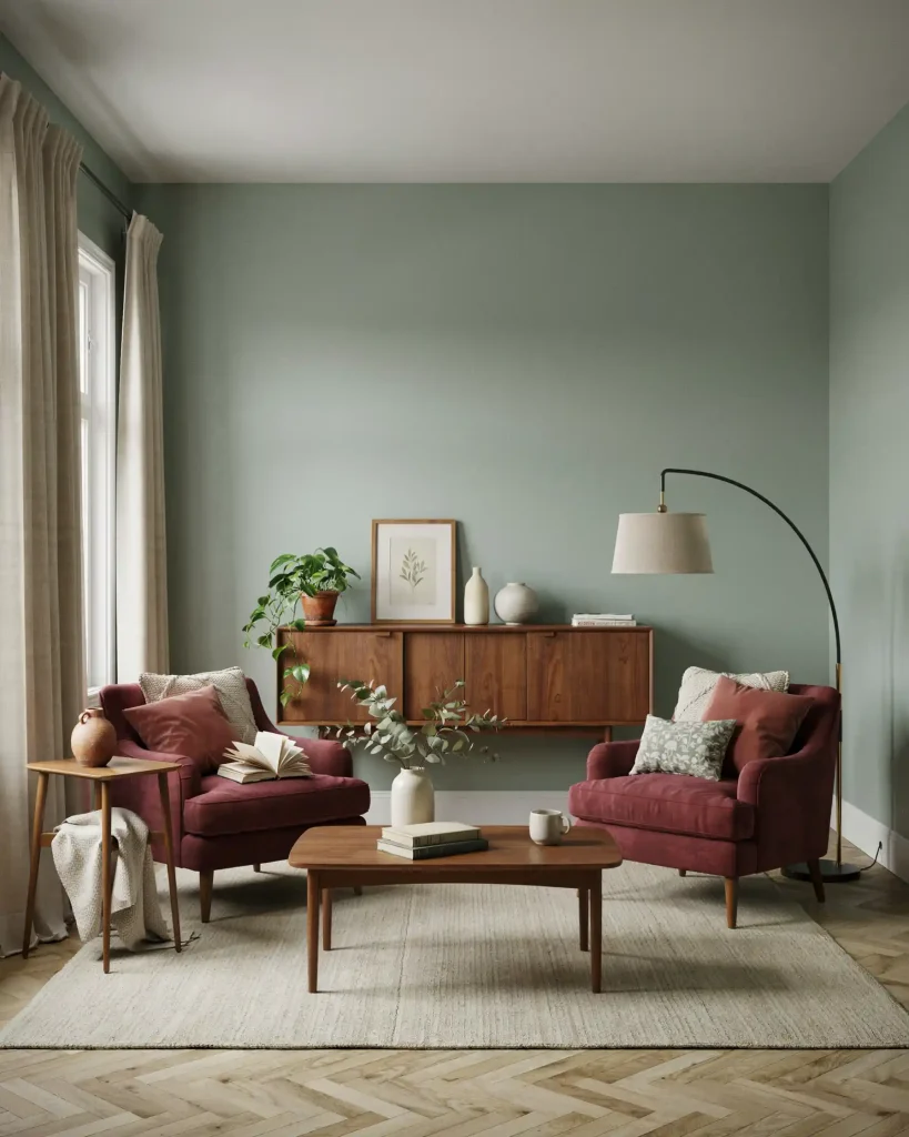 Sage Green and Burgundy Living Room with Soft Textures
