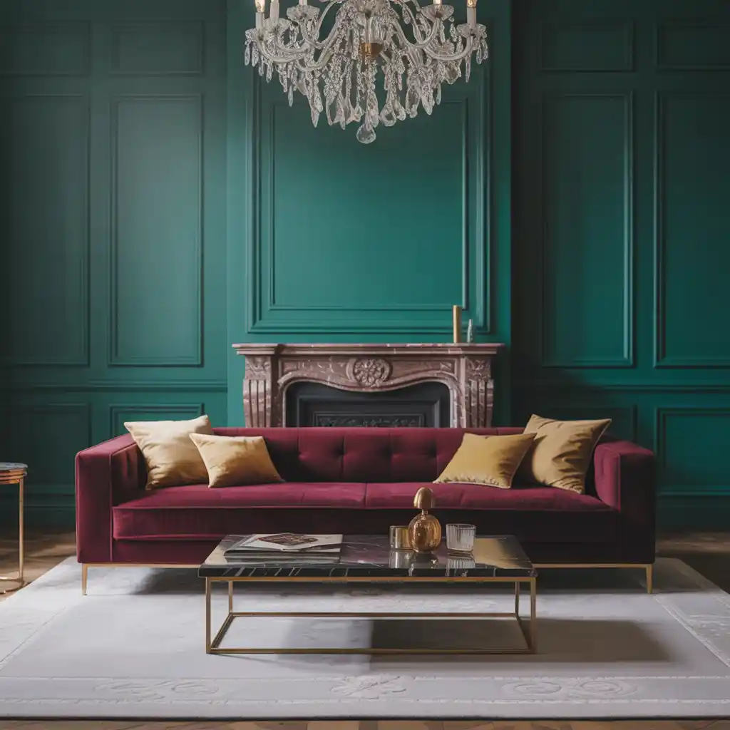 Luxury Green and Burgundy Living Room with Crystal Lighting