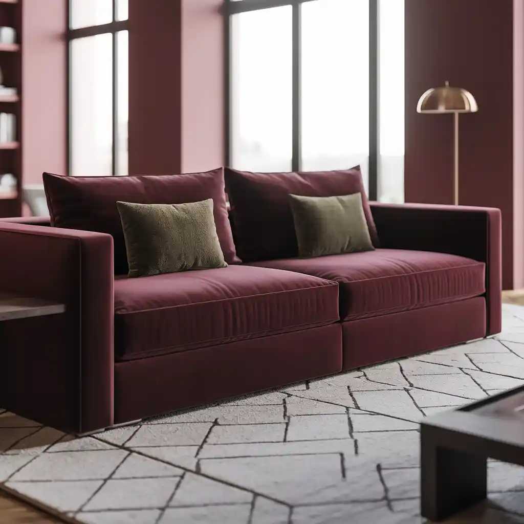 Modern Burgundy Living Room with Green Accents