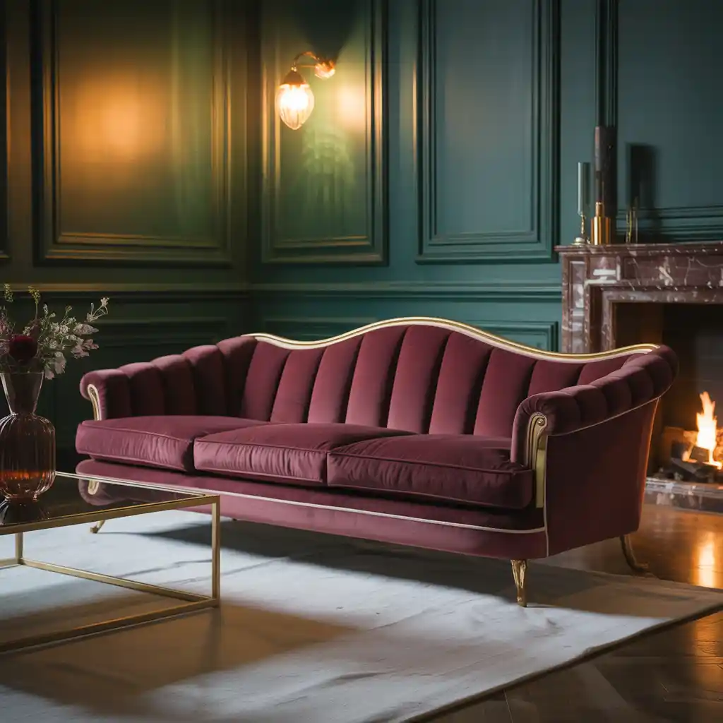 Dark Green and Burgundy Living Room with Gold Accents