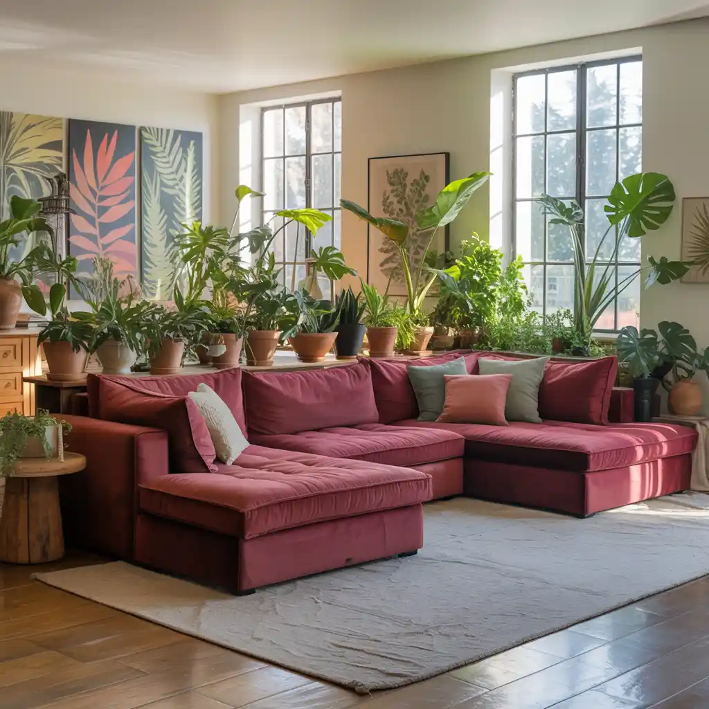 Burgundy Sectional with Green Botanical Decor