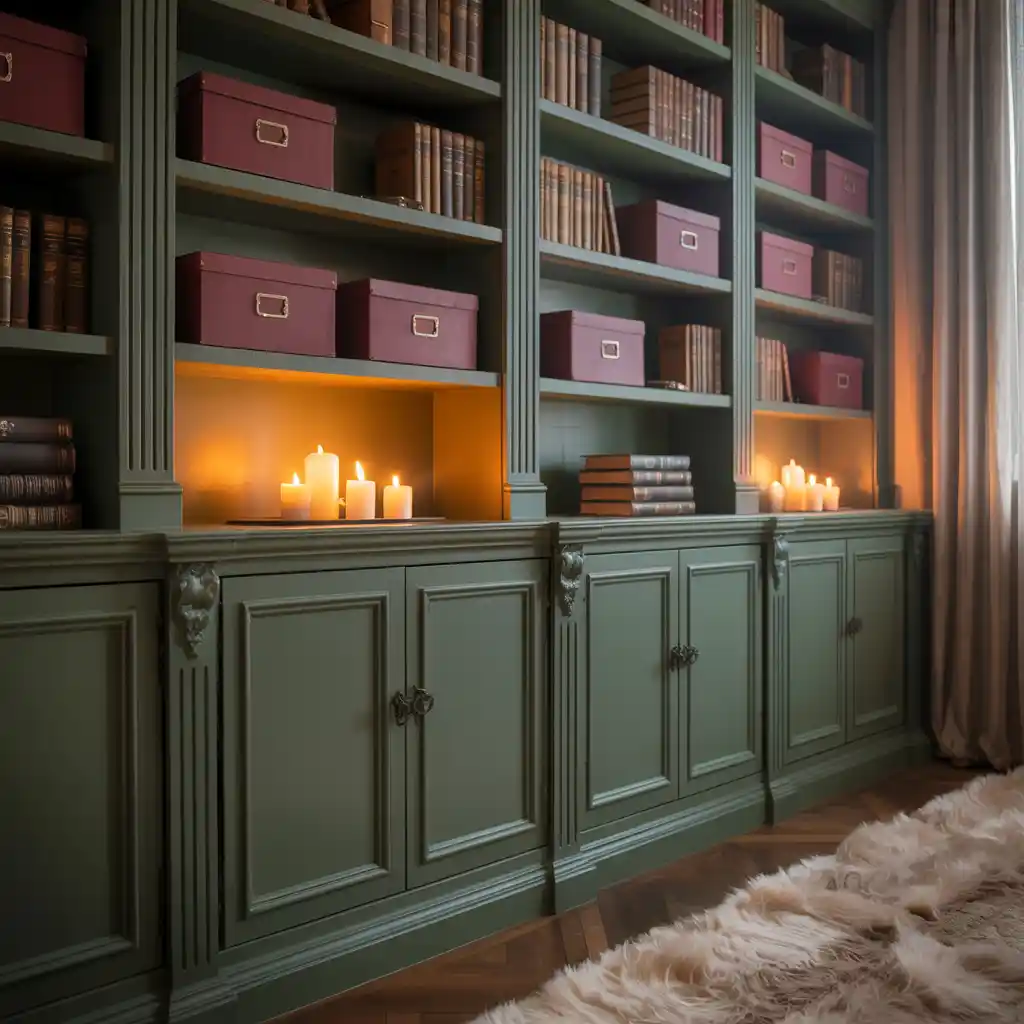 Forest Green Built Ins with Burgundy Decor