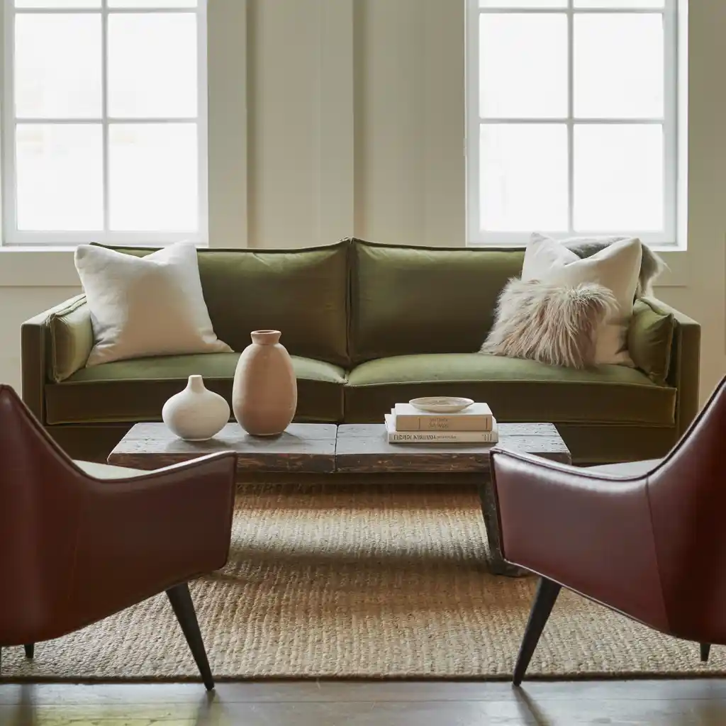Olive Green Sofa with Burgundy Accent Chairs